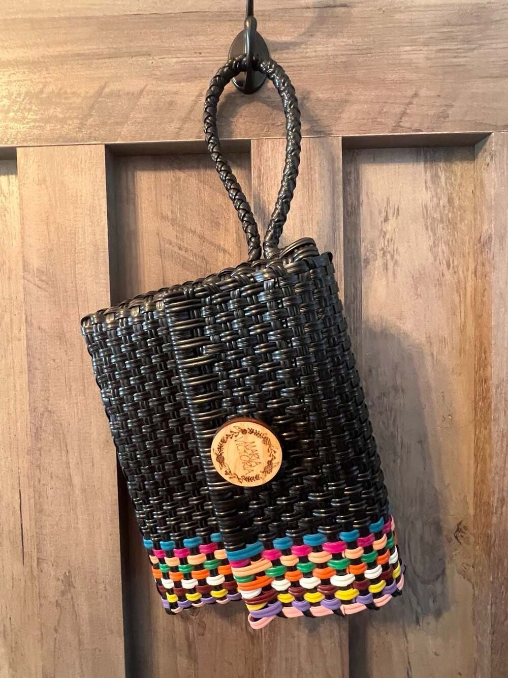 Maria Victoria Handwoven Plastic Woven Wristlet Purse Black Multicolor